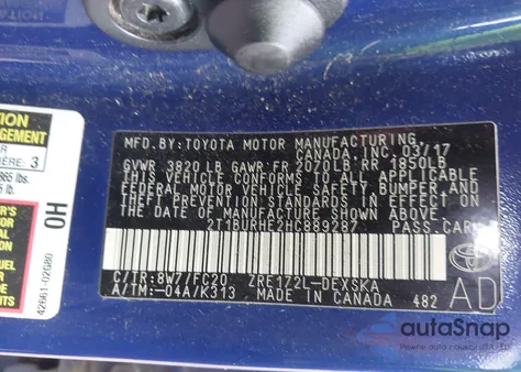 2017 Toyota Corolla L/Le/Xle/Se/Xse из США, поврежденный, VIN 2T1BURHE2HC889287